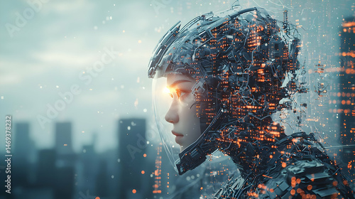 Futuristic Woman Profile In Cityscape Digital Art
