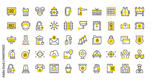Set of Security at work vector stroke icons. such as Security, Target, Gas Leak, Padlock, Emergency Button, Cloud Storage, Metal Detector, Credit Card, Door Lock, Helmet, Safe Box illustration.