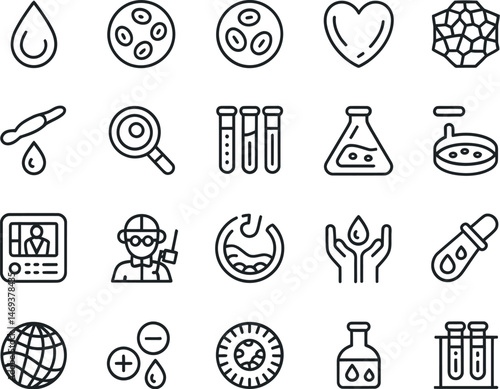 Healthcare and science blood-related line icons set