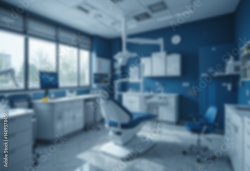 Blurred dental clinic background. Defocused interior of modern dental office. Blurred dental clinic background in blue