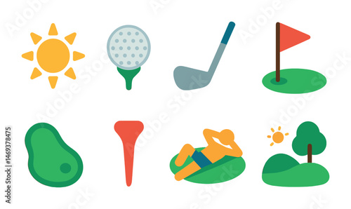 Golf flat icons set – sports, leisure, recreational activity symbols