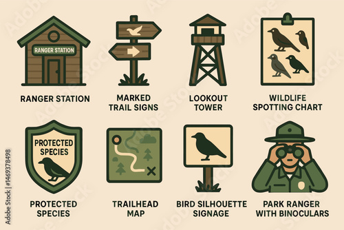 Nature and wildlife icons set – solid, filled, park and ranger symbols
