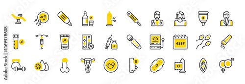 Set of Sexual health vector stroke icons. such as Penis, Workout, Ovulation Test, Ultrasound, No Alcohol, Spermicide, Doctor, Broken Condom, Vagina, Tampon, Hiv, Medicine, Menstrual Cup illustration.