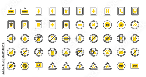 Set of Signals And Prohibitions vector stroke icons. such as Do Not Cross, No Pills, No Kisses, Wifi, No Wifi, No Swimsuit, No Music, No Video, Stop, No Water, Warning, Do Not Walk illustration.