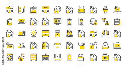 Set of Shared housing vector stroke icons. such as Painting, Roommate, Couple, Shampoo, Match, Washing Machine, Carpet, House Rules, Maintenance, Disagree, Alarm Clock illustration.