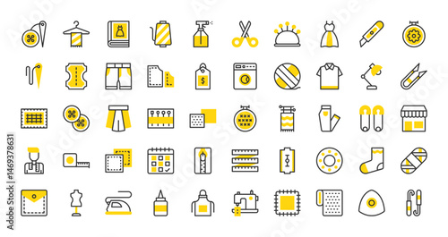Set of Sewing vector stroke icons. such as Appointment, Shop, Washing Machine, Stitches, Pocket, Threads, Button, Water Spray, Book, Fabric Pattern, Thread Cut, Metre, Tag, Sock, Pants illustration.