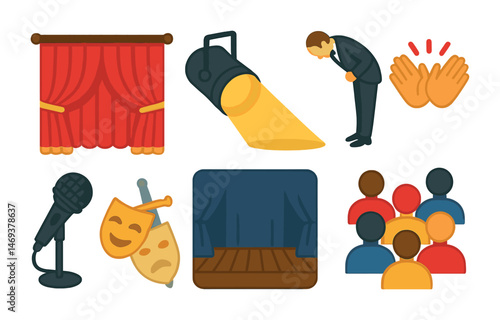 Theater and performance icons set – flat, drama, stage and audience symbols
