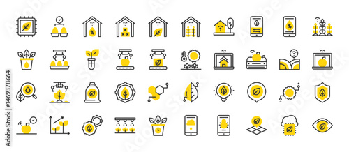 Set of smart farm vector stroke icons. such as Plant, Settings, Chip, Land, Checked, Picker, Search, Settings, Location Pin, Shield, Wheat, Water, Plant, Location, Cloud, Apple, Honey illustration.