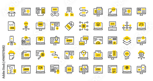 Set of Software development vector stroke icons. such as Soc, Flow Chart, Optimization, Layer, Workflow, Responsive, Alert, Drivers, Merge, Quality, Malware, Hierarchical Structure illustration.