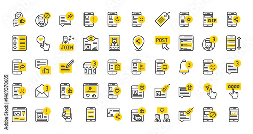 Set of social media interactions vector stroke icons. such as Analytics, Post, Star Rating, Comment, Message, Biography, Video, Tag, Angry Face, Love, Share, Error, Comment illustration.