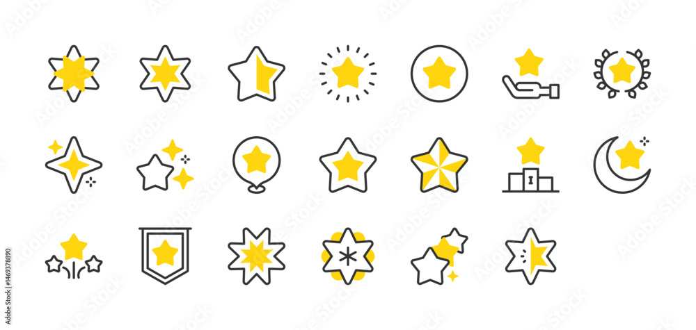 Fototapeta premium Set of Stars vector stroke icons. such as Podium, Moon, Star, Pennant illustration.