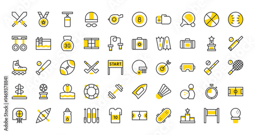 Set of Sports vector stroke icons. such as Start Line, Basketball, Dumbbell, Dart Board, Tennis, Criquet, Podium, Medal, Shuttlecock, Bowling, Reward, Tshirt, Boxing Gloves, Cricket illustration.