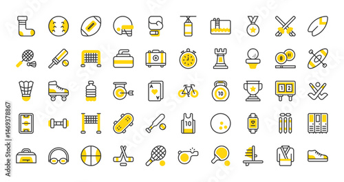 Set of Sport equipment vector stroke icons. such as Medal, Tennis, Poker Cards, Kayak, Locker, Dumbbells, Bycicle, Rollerskate, Ice Hockey, Medical Kit, Net, Bowling, Score Board illustration. 
