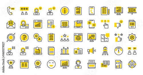 Set of Survey vector stroke icons. such as Best Seller, Pie Chart, Choice, Questionnaire, Puzzle, Website, Data Analytics, Information, Deadline, Customer Service, Poll, Form, Submit illustration.
