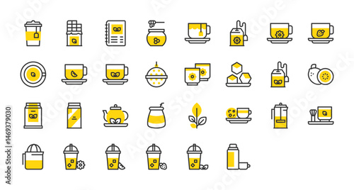 Set of Tea vector stroke icons. such as Tea Pot, Plant, Ice Tea, Sugar Cubes, Chocolate Bar, Matcha Tea, Mate, Menu, Milk, Takeaway, French Press, Tea Bag, Tea Cup, Tea Strainer, Honey illustration.