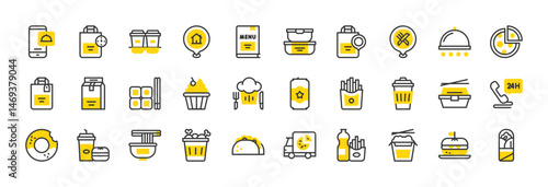Set of Take Away vector stroke icons. such as Food Serving, Chinese Food, French Fries, Adress, Food Package, Soda Bottle, Pizza Slice, Food Container, Beer Can, Phone, Donut, Menu, Muff illustration.