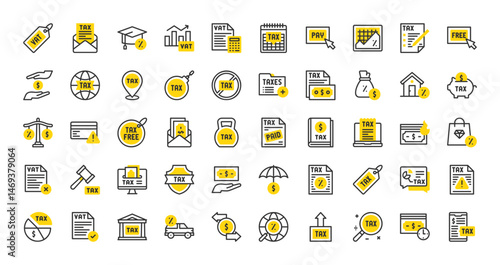 Set of Taxes vector stroke icons. such as Tax, Vat, Savings, No Tax, Calculation, Search, Balance, Warning , Tax Office, Turnover, Bar Chart, Court, Insurance, Luxury, Money, Placeholder illustration.