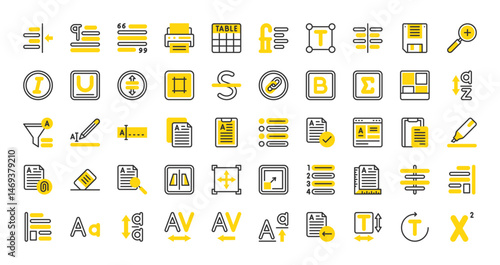 Set of Text edition vector stroke icons. such as Number, Table, Layout, Text Box, Spell Check, Edit Tool, Bullet, Highlight, Quote, Link, Document, Sort, Vertical, Paragraph, Border illustration.