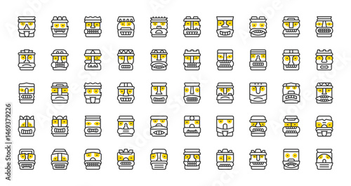 Set of Tiki idols vector stroke icons. such as Tiki, tattoo illustration.
