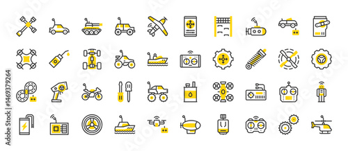 Set of Toys vector stroke icons. such as Gyroscope, Speedboat, Receiver, Controller, Motorbike, Boat, Tank, Track, Motor, Fuel, Submarine, Plane, Controller, Robot, Battery, Wheel, Drone illustration.