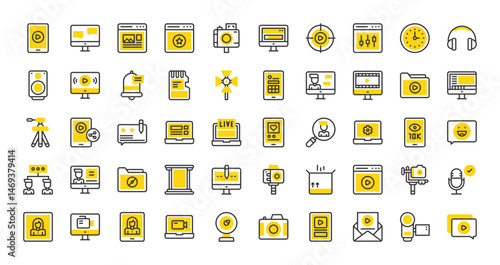 Set of Video blog vector stroke icons. such as Live Broadcast, Gimbal, Time, Comment, Resolution, Blog, Photo Camera, Unboxing, Equalizer, Online Interview, Share, Review, Edit Video illustration. 