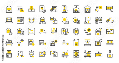 Set of Warehouse management vector stroke icons. such as Agv Robot, Order Tracking, Calendar, Open Box, Hazardous Material, Conveyor, Crane, Scale, File, Stock, Container, Box, Auction illustration. 