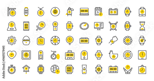 Set of Watch and clock vector stroke icons. such as Wristwatch, Clock Time, Fast Speed, Punch Clock, Settings, Kitchen Timer, Fitness Watch, Punch Clock, World Time, Pendulum, Cuckoo illustration. 