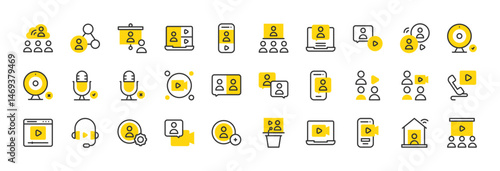 Set of Video conference vector stroke icons. such as Settings, Web, User, Team, Conference, Work From Home, Chat, Webcam, Video Camera, Browser, Microphone, Presentation, Speech, Video illustration. 