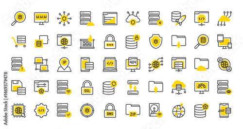 Set of Web hosting vector stroke icons. such as Cloud Database, Padlock, Coding, Server, Responsive Design, Zip File, Backup, Worldwide, Control Panel, Online Server, Cyber Security illustration. 