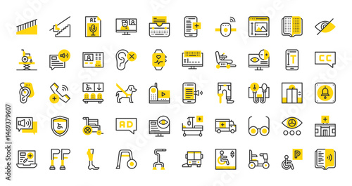 Set of Accessibility vector stroke icons. such as Impairment, Ramp, Color Blindness Test, Hearing, Service Dog, Wheelchair, Eyeglasses, Hearing Aid, Stair , Medical App, Prothesis illustration. 