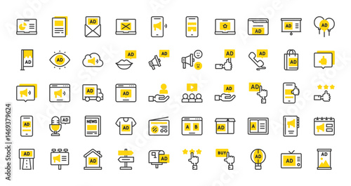 Set of Advertisement vector stroke icons. such as Tv Monitor, Eye, Advertising, Papers, Roll up, User, People , Megaphone, Testing, Laptop, Mail, Tshirt, Marketing, Online Shopping illustration. 