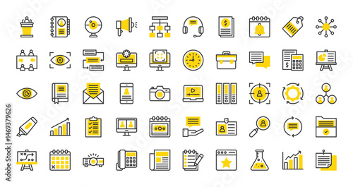 Set of Agenda vector stroke icons. such as Eye, Wall Clock, Calculator, Growth, Team, Networking, Advice, Quick Response Code, Process, Tag, Video Call, List, Customer Support, Workflow illustration. 