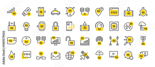 Set of 5g vector stroke icons. such as Sim Card, Signal, Cloud, Speed, Router, 4g, Browser , 5g, Chip, Connecting, Development, Download, Email, Lock, Mind, Monitor, Network, Protection illustration. 