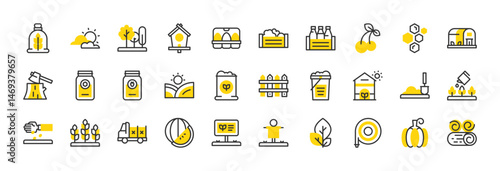 Set of Agriculture vector stroke icons. such as Leaves, Fences, Trees, Greenhouse, Wheat, Watering Can, Shovel, Clouds, Jam, Vegetables, Plant, Hay, Honey, Hose, Milk, Pumpkin, Sack illustration. 