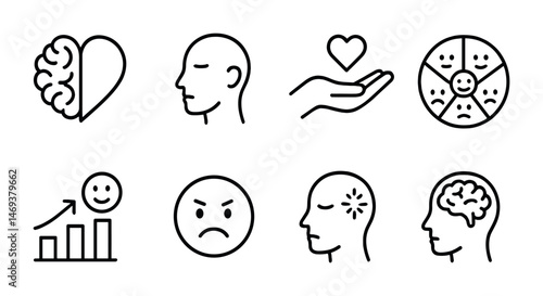 Psychological awareness icons set – outline, mental health, emotional wellness symbols