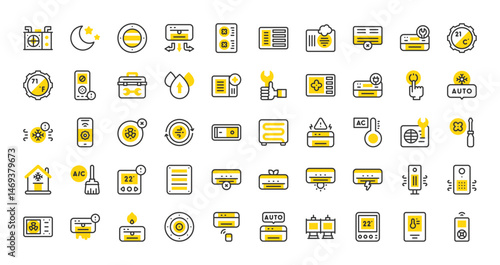 Set of Air conditioning maintenance vector stroke icons. such as Air Conditioning, Ducts, Thermostat, Fans, Shut Down, Aeration, Air Quality Sensor, Compressor, Humidity, Tower Fan illustration. 