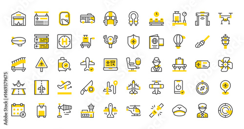 Set of Airport vector stroke icons. such as Schedule, Pilot, Seat, Heliport, Helicopter, Pilot Hat, Take Off, Airplane, Drone, Luggage, Waiting Room, Landing, Conveyor Band, Radar illustration. 