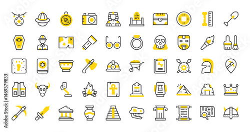 Set of Archaeology vector stroke icons. such as Inscription, Pin, Campfire, Pottery, Old Scroll, Report, Ancient Greece, Map, Grave, Fossil, Wheelbarrow, Temple, Torch, Pyramid, Pickaxe illustration.