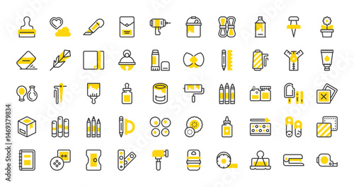 Set of Art and Craft supplies vector stroke icons. such as Fabrics, Papers, Flower Pot, Feather, Thread, Color Palette, Paint Bucket, Pencil, Paint Spray, Cardboard, Liquid Glue, Needle illustration. 