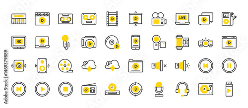 Set of Audio and video vector stroke icons. such as Video Tape, Video Player, Movie Reel, Play Button, Headset, Video Folder, Live Streaming, Turntable, Microphone, Pause Button, Stop illustration. 
