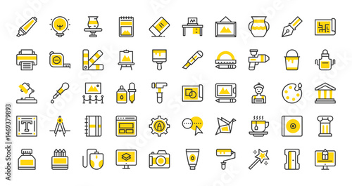 Set of Art and design vector stroke icons. such as Architecture, Printer, Museum, Canvas, Blueprint, Project, Layout, Vase, Monitor, Color Palette, Paint Bucket, Sketchbook, Typography illustration. 