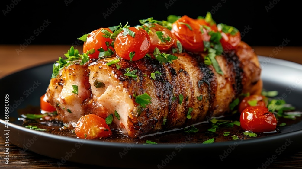 A succulent baked chicken roll garnished with vibrant cherry tomatoes and fresh herbs, perfect for a gourmet meal or impressive presentation at a dinner gathering. A succulent baked chicken roll garnished with vibrant cherry tomatoes and fresh herbs, perfect for a gourmet meal or impressive presentation at a dinner gathering.