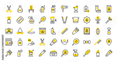 Set of Barber shop vector stroke icons. such as Shampoo, Magnifying Glass, Hairspray, Scissors, Facial Hair, Electric Shaver, Trimmer, Smartphone, Scissors, Straight Razor, Book, Woman illustration. 
