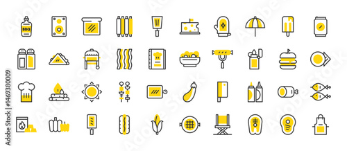 Set of Barbecue vector stroke icons. such as Sandwich, Salad, Chopping Board, Burger, Salmon, Apron, Corn, Mustard, Ribs, Eggplant, Fire, Fishes, Glove, Grill, Ham Leg, Hot Dog, Ice illustration. 