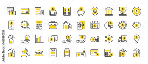 Set of banking vector stroke icons. such as Settings, Bar Graph, Money Growth, Calculator, Pin Code, House, Auction, Chat Box, Magnifying Glass, Calculator, Suitcase, Pie Chart, Piggy illustration. 