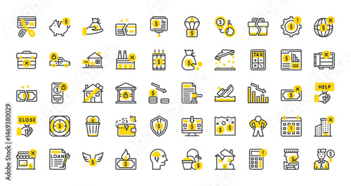 Set of Bankruptcy vector stroke icons. such as Cut Card, Financial Crime, Seizure, Shop, Broken Bank, Unaffordable House, Money Waste, Sink, Calculator, House For Sale, Bankruptcy illustration. 