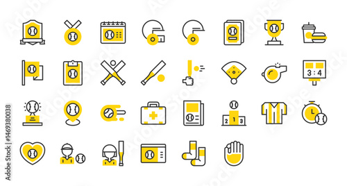 Set of Baseball vector stroke icons. such as Calendar, Award, Cards, Shield, Medical Kit, Newspaper, Podium, Uniform, Timer, Pitcher, Batter, Tickets, Socks, Glove, Helmet, Drink, Flag illustration. 