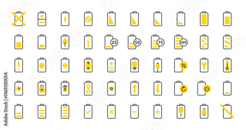 Set of Battery vector stroke icons. such as Low Battery, Half Battery, Full Battery, Battery Level, Remove, Notification, Charge, Check, Cancel, Add, Charging, No Battery, Banned illustration. 