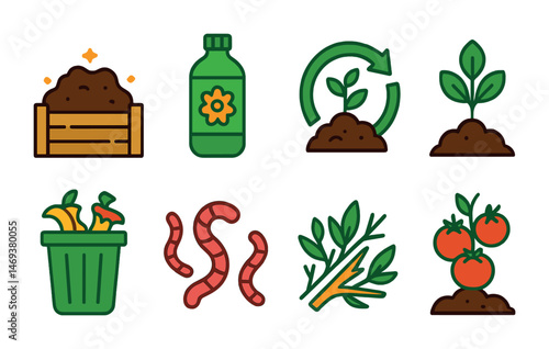 Gardening and composting flat icons set – gardening, organic, eco-friendly symbols