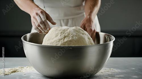Hands Kneading Dough In Metal Bowl